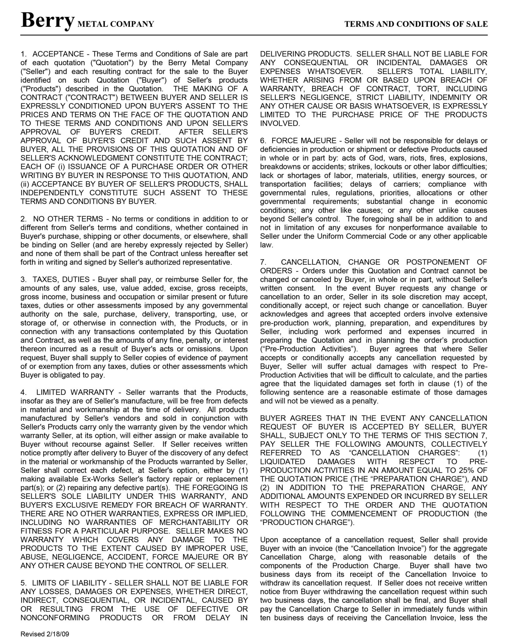 Terms & Conditions Berry Metal Company